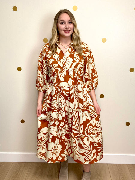 Umgee Rust Floral Print Midi Dress