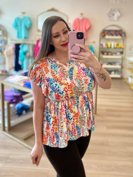 FINAL SALE Ivory Floral Ruffle Sleeve Top