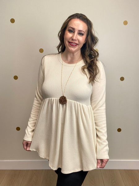 Cream Ribbed Peplum Top