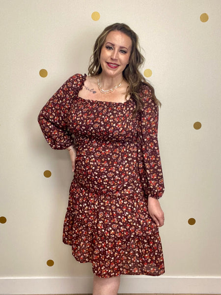 Brown Floral Smocked Tiered Dress