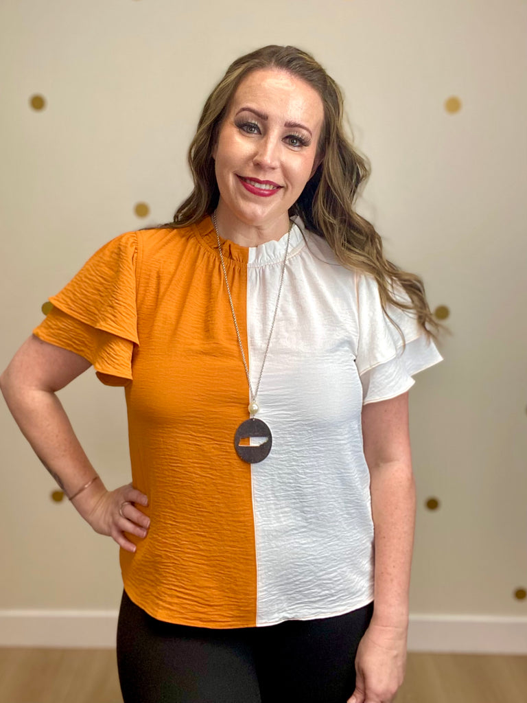 Orange & White Color Block Ruffle Sleeve Top