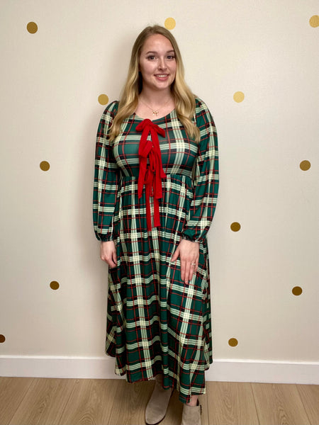 FINAL SALE Green & Red Plaid Bow Detail Midi Dress
