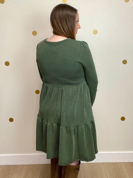 Olive Ribbed Tiered Dress