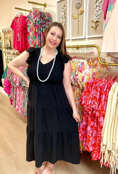 Black Smocked Flutter Sleeve Midi Dress