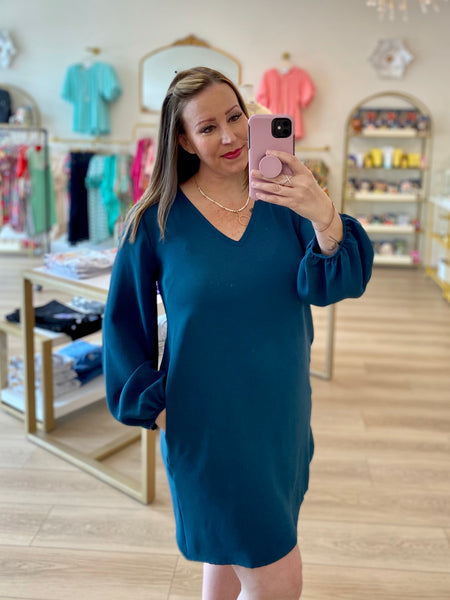 Teal V Neck Balloon Sleeve Dress