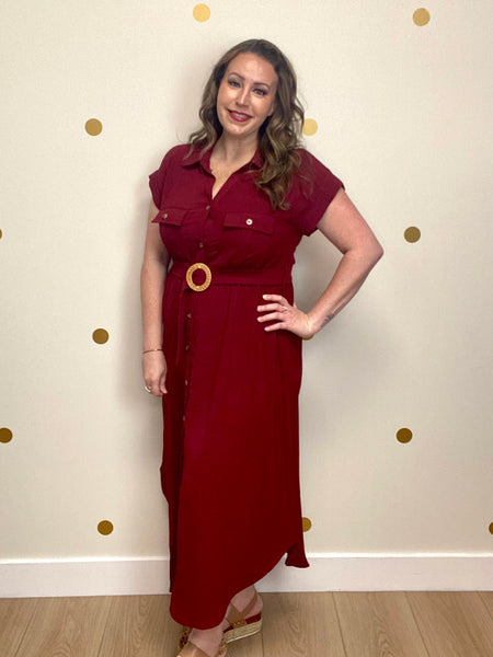 Burgundy Collared Button Down Belted Midi Dress