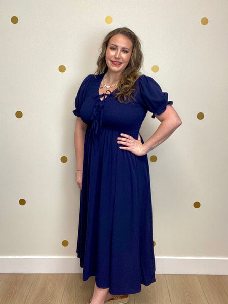 Navy Smocked Tie Puff Sleeve Midi Dress