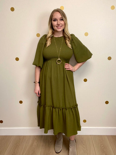 Olive Smocked Tiered Midi Dress