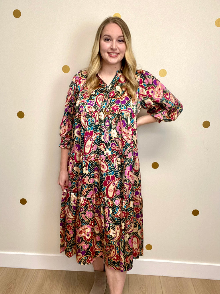 Umgee Teal Green Paisley Midi Dress