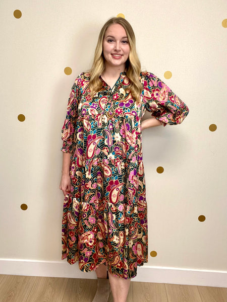 Umgee Teal Green Paisley Midi Dress