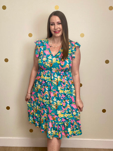 FINAL SALE Aqua Multicolor Floral Print Pocket Dress