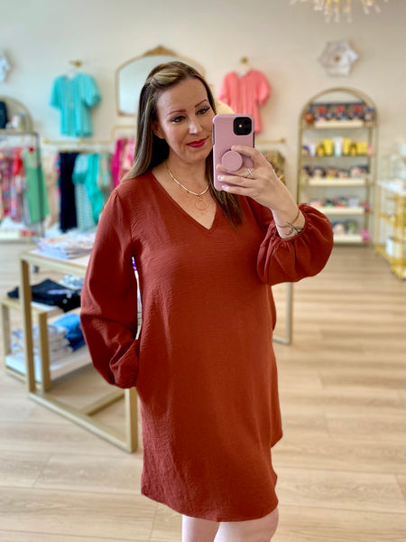 Cinnamon V Neck Balloon Sleeve Dress