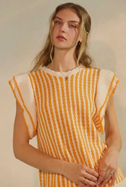 Orange & White Striped Ribbed Cap Sleeve Top