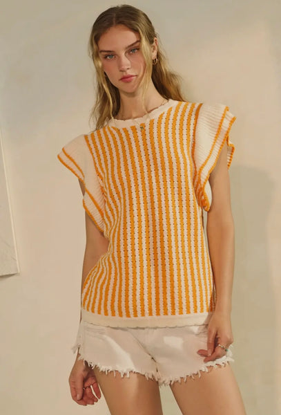 Orange & White Striped Ribbed Cap Sleeve Top
