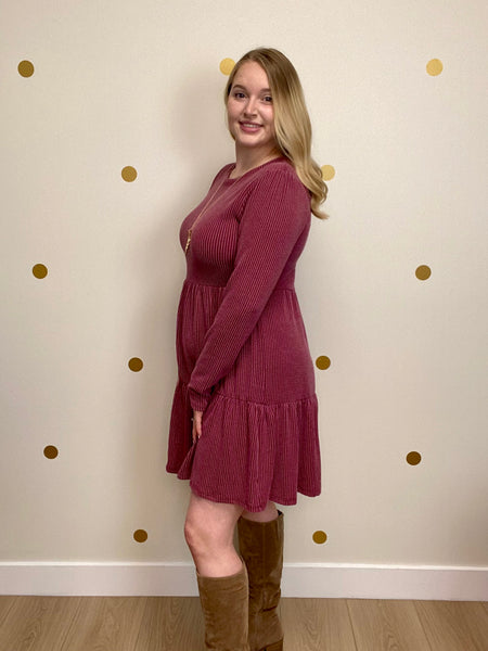 Wine Ribbed Tiered Dress