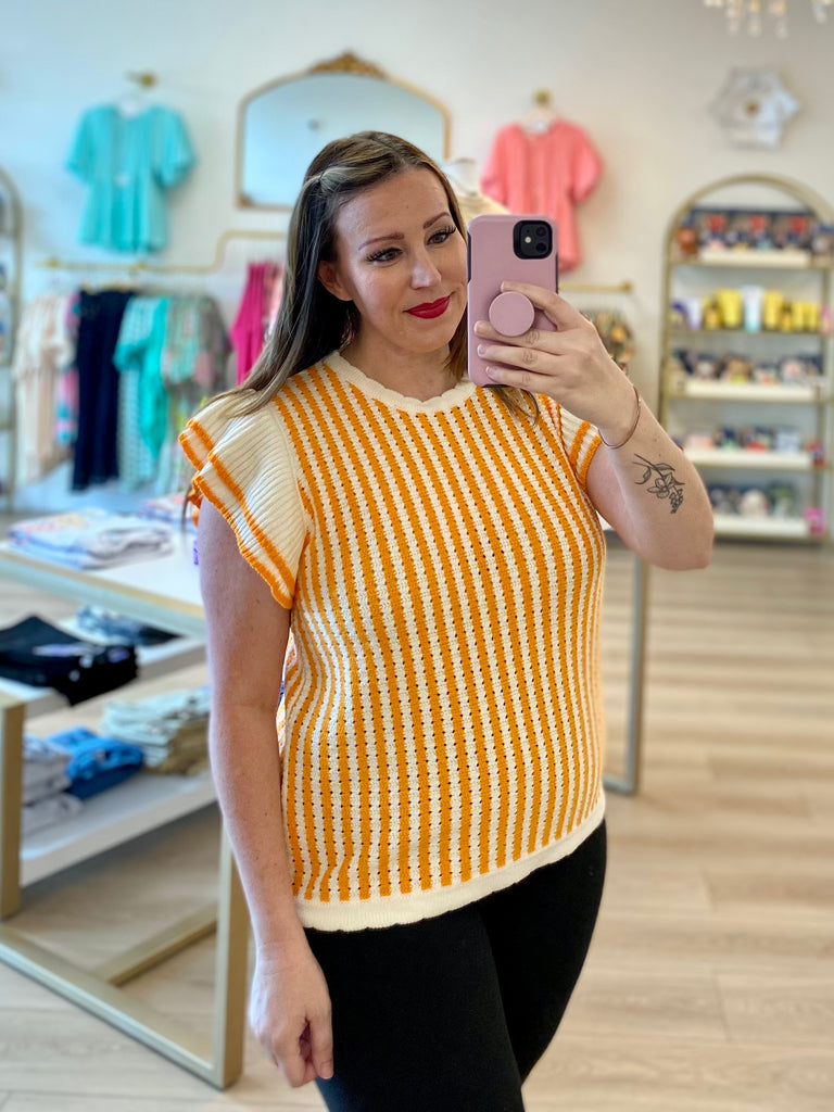 Orange & White Striped Ribbed Cap Sleeve Top