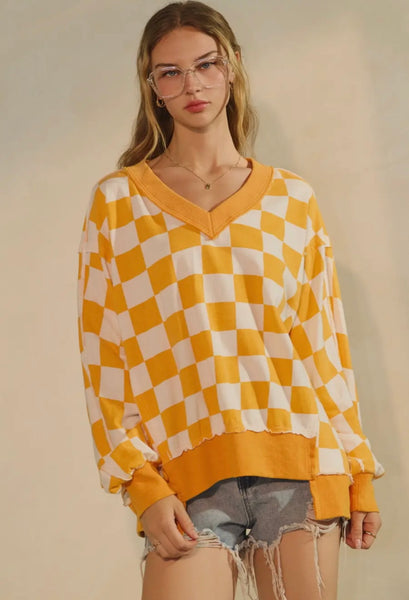 Oversized Orange Checkered Distressed Sweatshirt