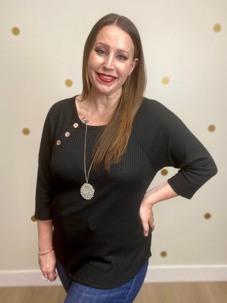 Black Button Waffle Top