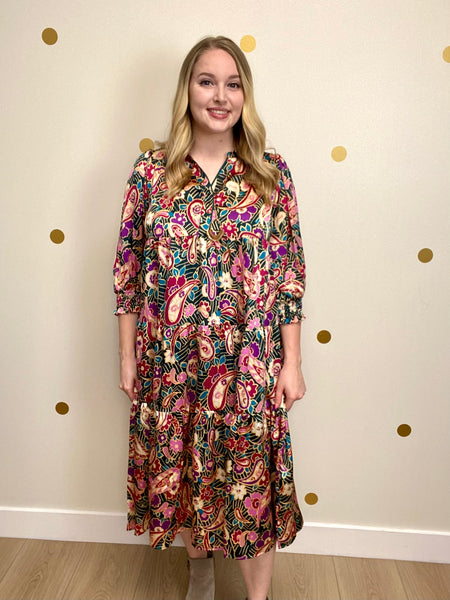 Umgee Teal Green Paisley Midi Dress