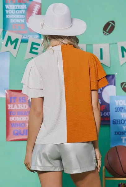 Orange & White Color Block Ruffle Sleeve Top