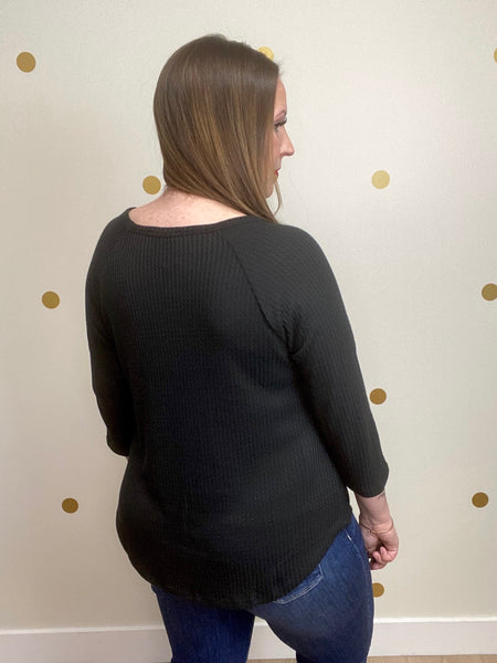 Black Button Waffle Top