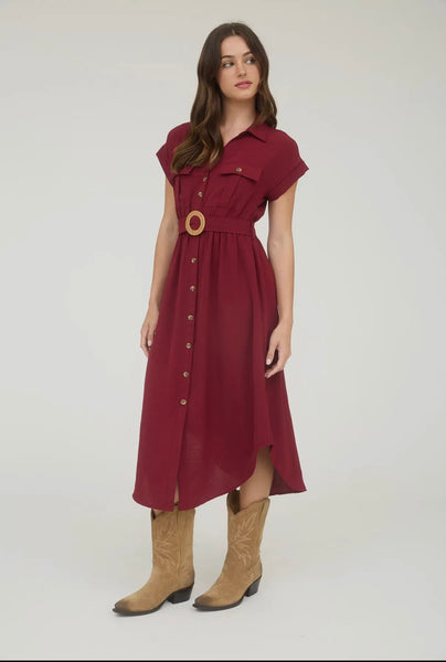 Burgundy Collared Button Down Belted Midi Dress