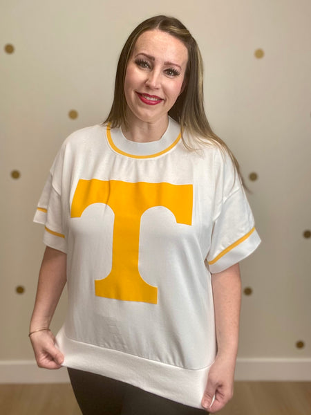 Oversized White & Orange Short Sleeve Game Day Sweatshirt