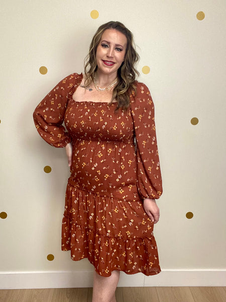 Rust Floral Smocked Tiered Dress