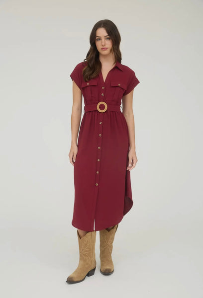 Burgundy Collared Button Down Belted Midi Dress