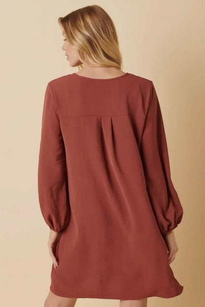 Cinnamon V Neck Balloon Sleeve Dress