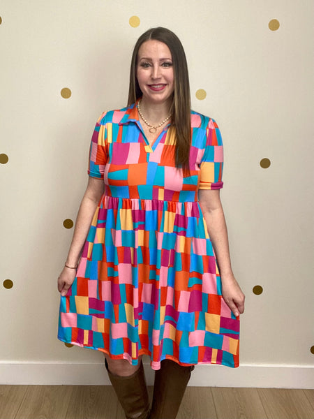 FINAL SALE Pink & Blue Multicolor Print Pocket Dress