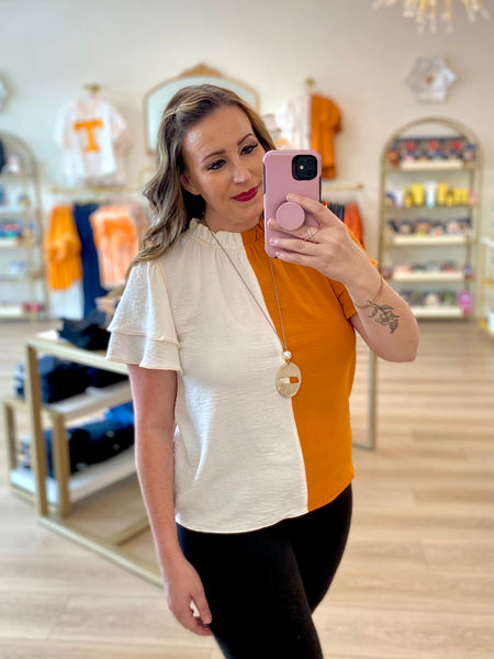 Orange & White Color Block Ruffle Sleeve Top