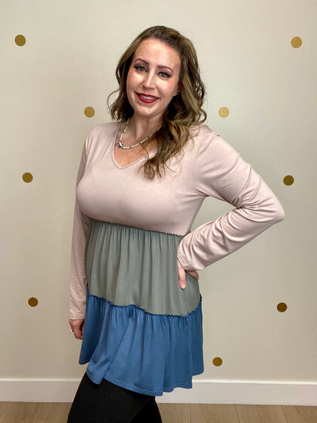 Olive & Teal Color Block Tiered Top