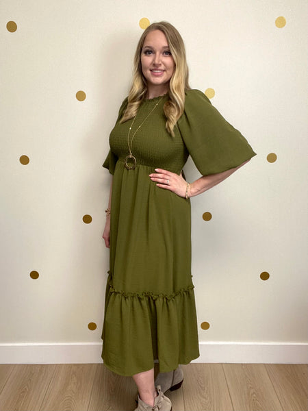 Olive Smocked Tiered Midi Dress
