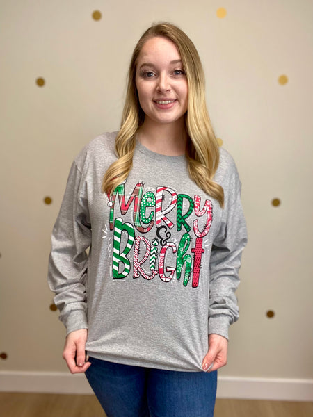 FINAL SALE Gray Merry & Bright Christmas Long Sleeve Tee