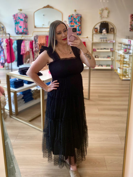 FINAL SALE Black Polka Dot Chiffon Smocked Tiered Dress