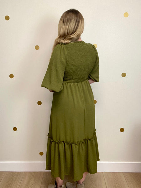 Olive Smocked Tiered Midi Dress