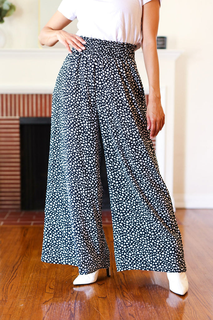 Let's Meet Up Black Animal Print Smocked Waist Palazzo Pants - Online Only!