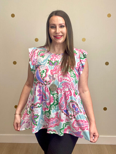 FINAL SALE Ivory & Fuchsia Paisley Tiered Top