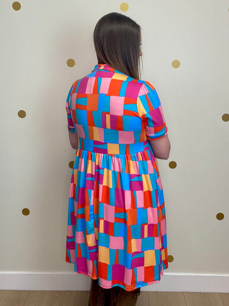 FINAL SALE Pink & Blue Multicolor Print Pocket Dress