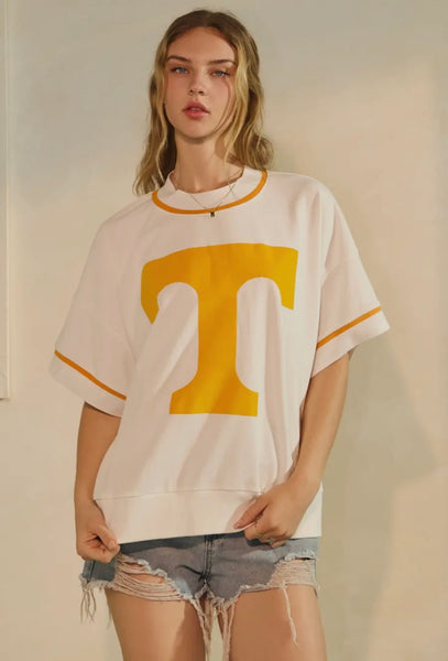 Oversized White & Orange Short Sleeve Game Day Sweatshirt