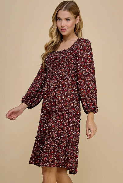 Brown Floral Smocked Tiered Dress