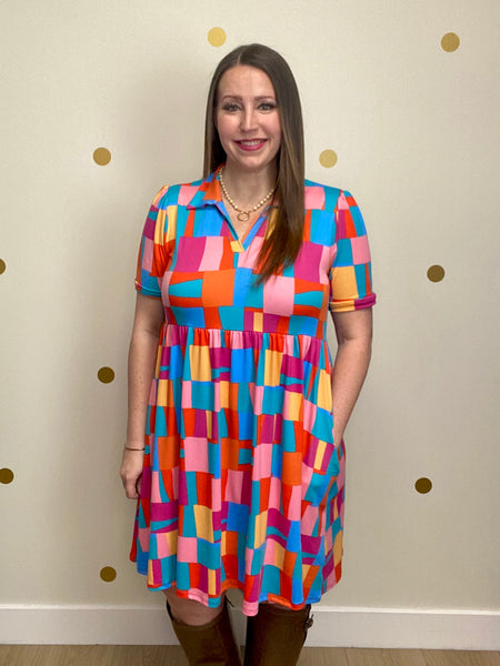 FINAL SALE Pink & Blue Multicolor Print Pocket Dress