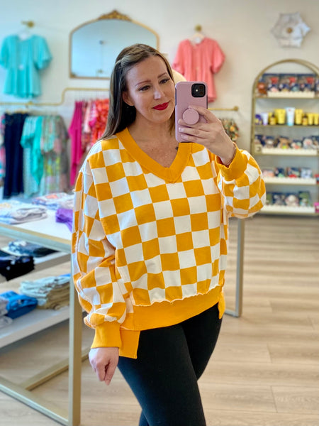 Oversized Orange Checkered Distressed Sweatshirt