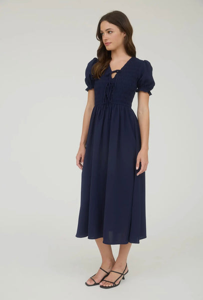 Navy Smocked Tie Puff Sleeve Midi Dress