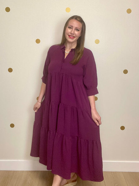 Magenta Button Tiered Maxi Dress