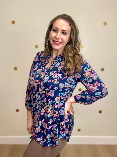 Navy Multi Floral Top