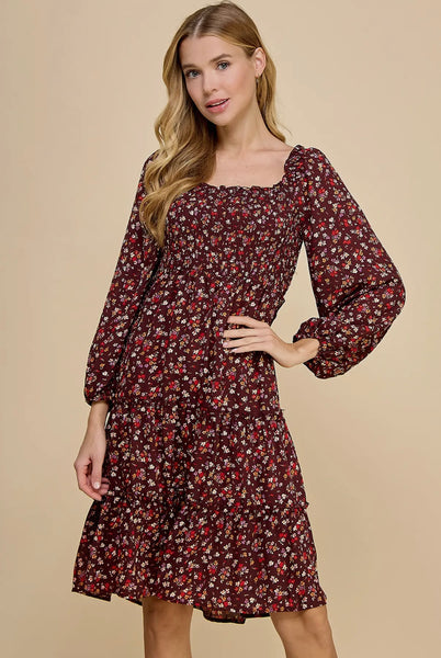 Brown Floral Smocked Tiered Dress