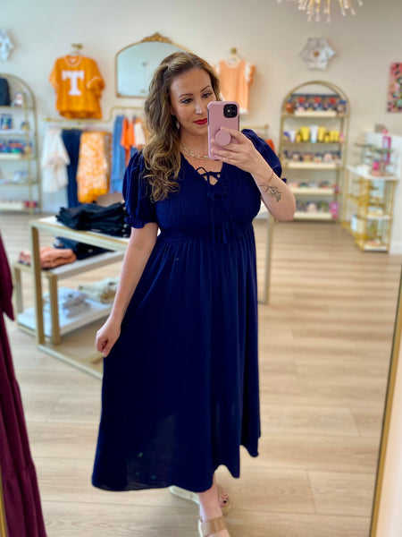 Navy Smocked Tie Puff Sleeve Midi Dress