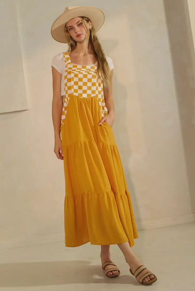Orange Checkered Overall Pocket Dress